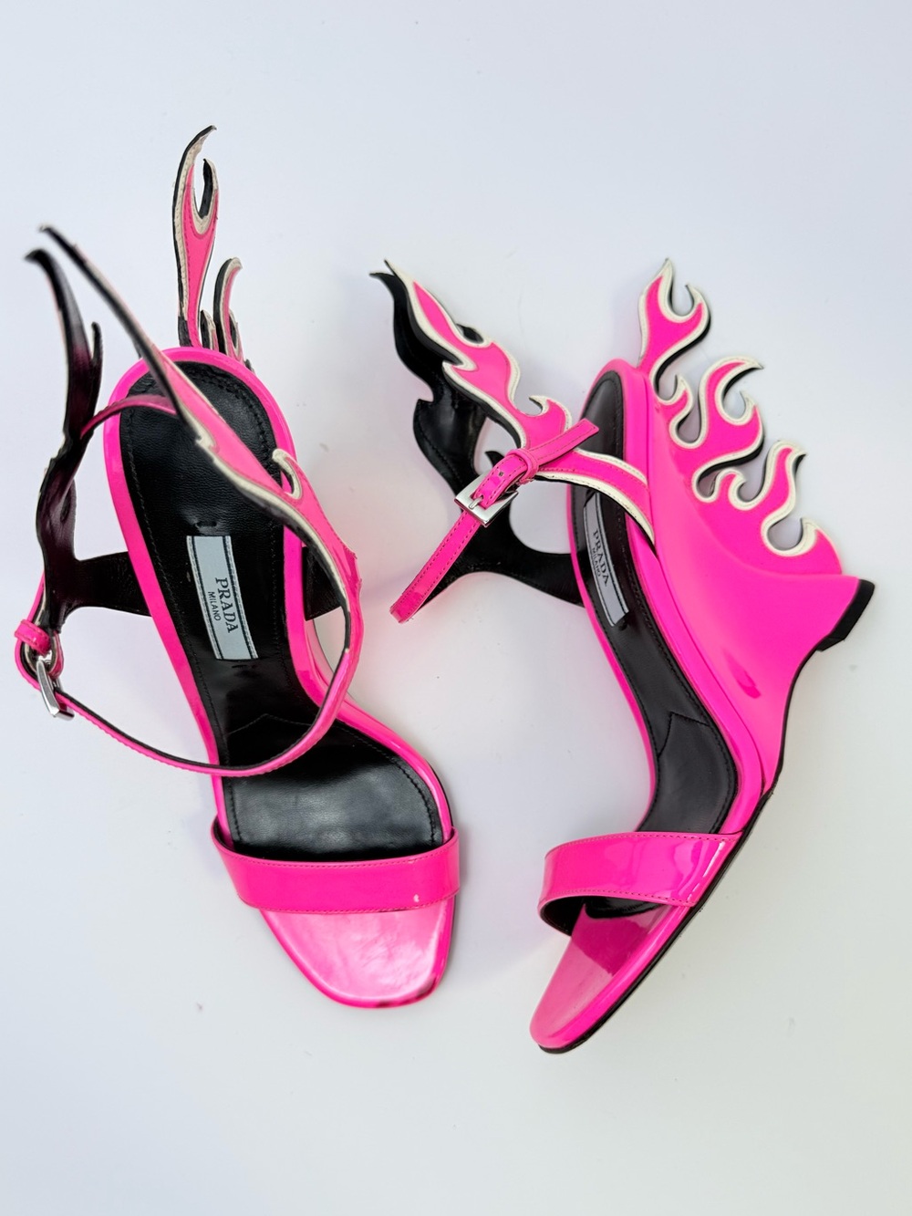 Prada Flames Sandals 1X109L SS18 Rosa Fluo Patent Leather Flame Wedge Heels EU37